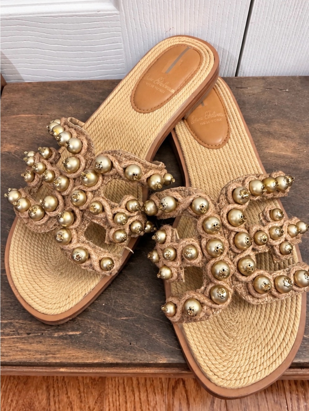 Sam Edelman Tan Raffia Slide Sandals with Gold Bead Accents